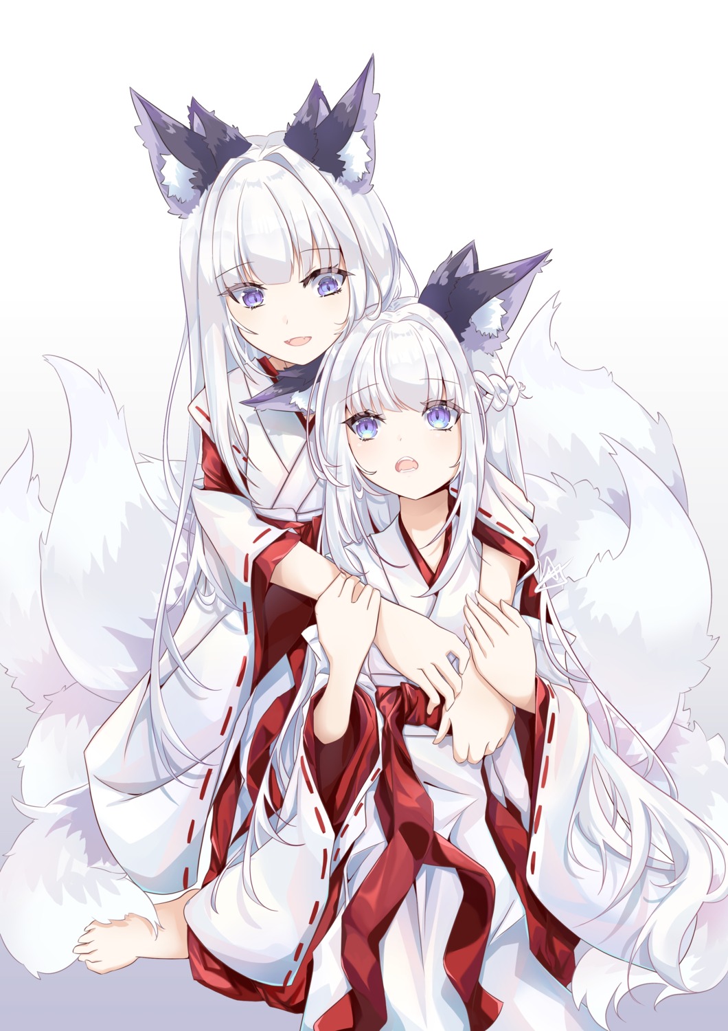 animal_ears japanese_clothes kitsune luo_shang_hua tail yuri