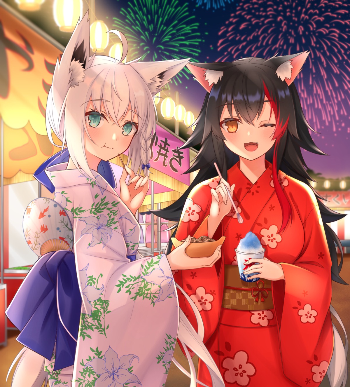 animal_ears hololive hololive_gamers hoshino_reiji kitsune ookami_mio shirakami_fubuki tail yukata