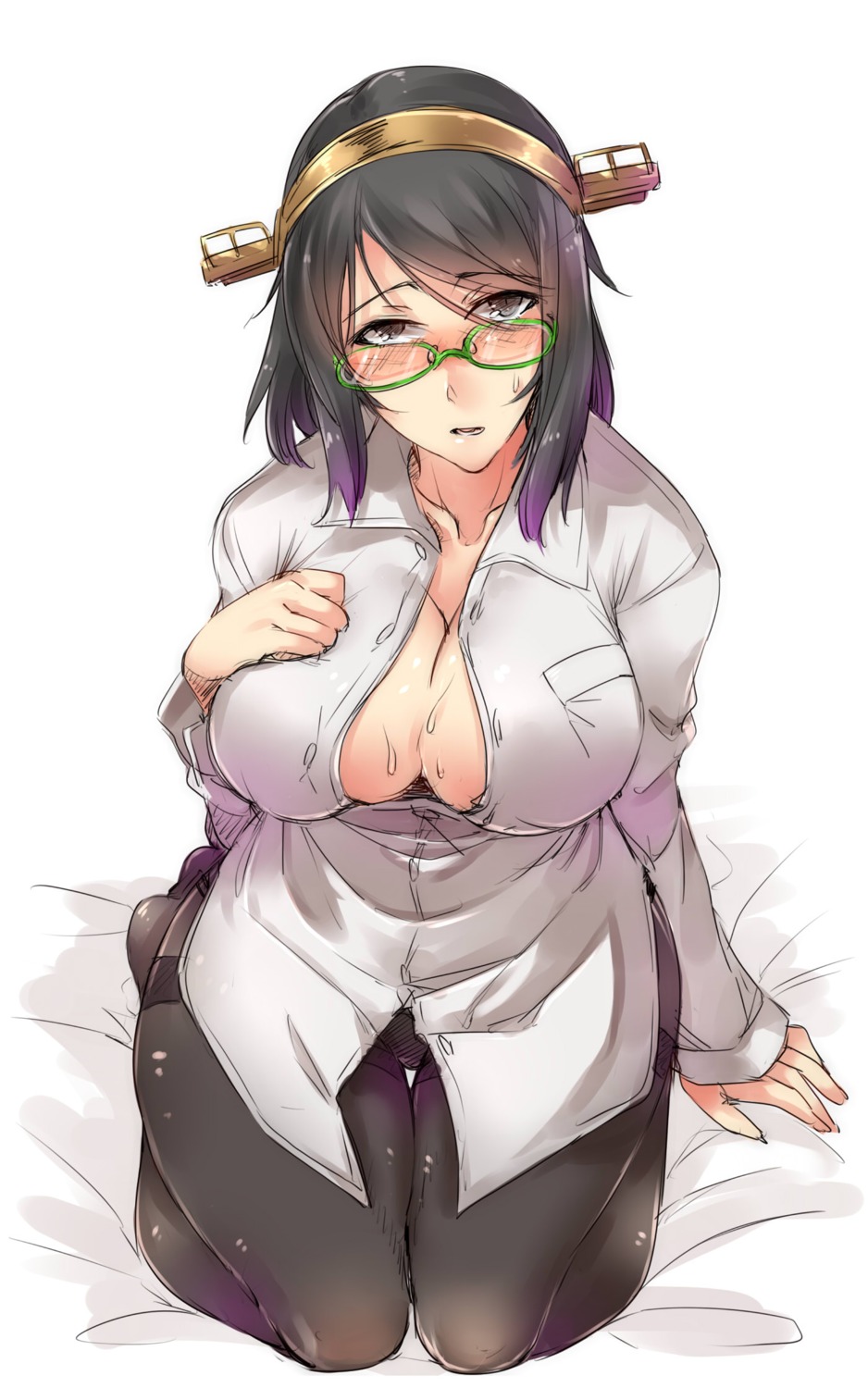 ayyh breast_hold cleavage kantai_collection kirishima_(kancolle) megane no_bra open_shirt pantsu pantyhose