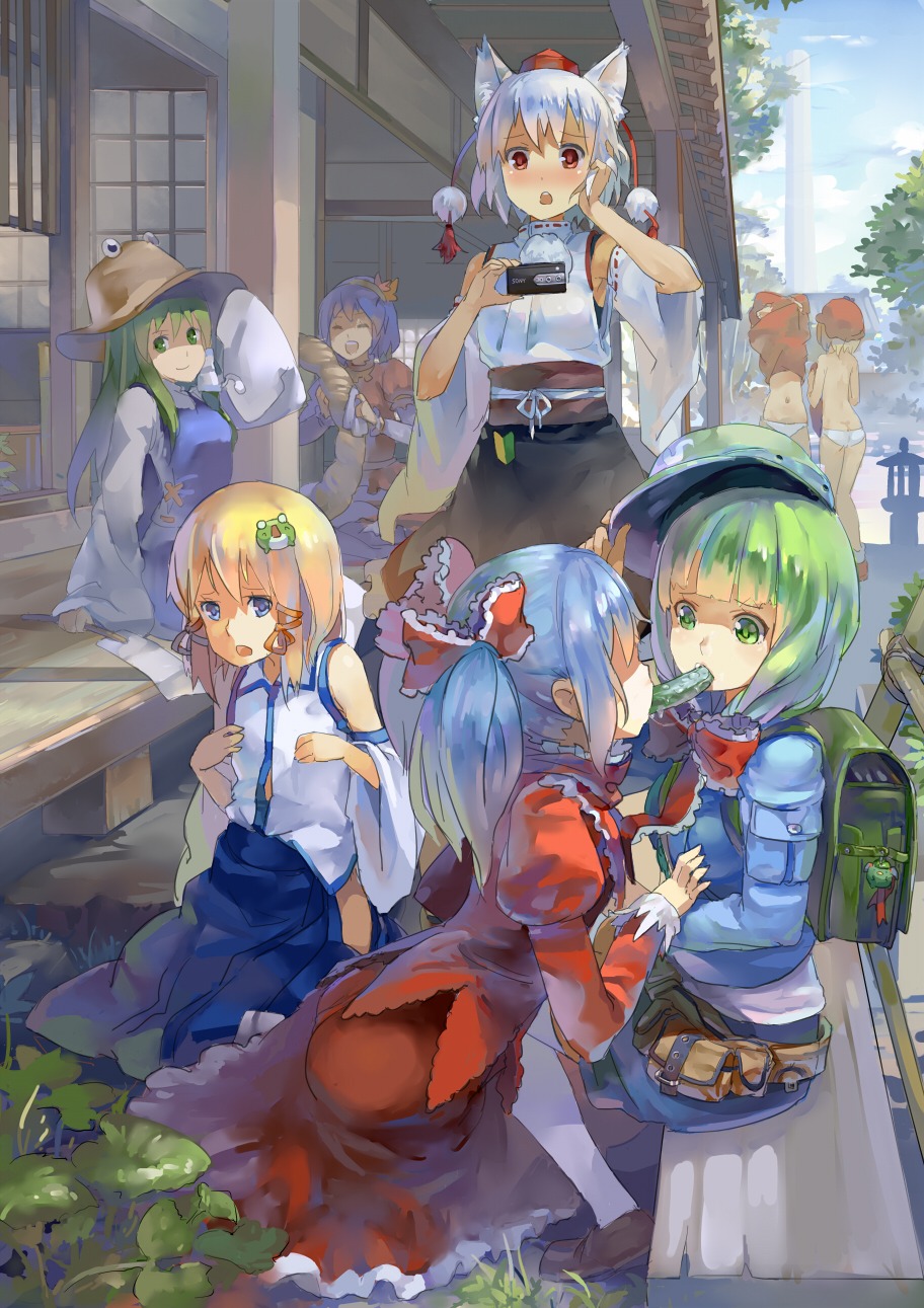 77gl cosplay inubashiri_momiji kagiyama_hina kawashiro_nitori kochiya_sanae moriya_suwako pantsu touhou undressing yasaka_kanako yuri