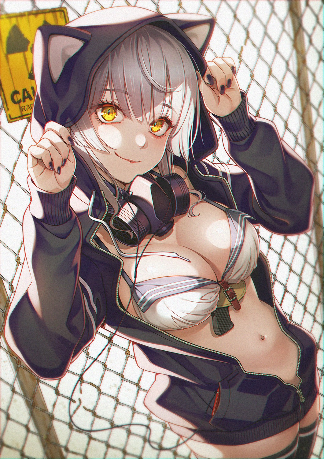 animal_ears bra headphones ikeda_yasuhiro open_shirt thighhighs