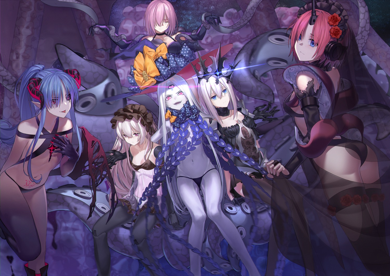 abigail_williams_(fate) ass fate/grand_order frankenstein's_monster_(fate) garter horns marie_antoinette_(fate/grand_order) mash_kyrielight medea_lily no_bra nursery_rhyme_(fate/extra) pantsu pantyhose pointy_ears qiongsheng see_through stockings tattoo thighhighs topless