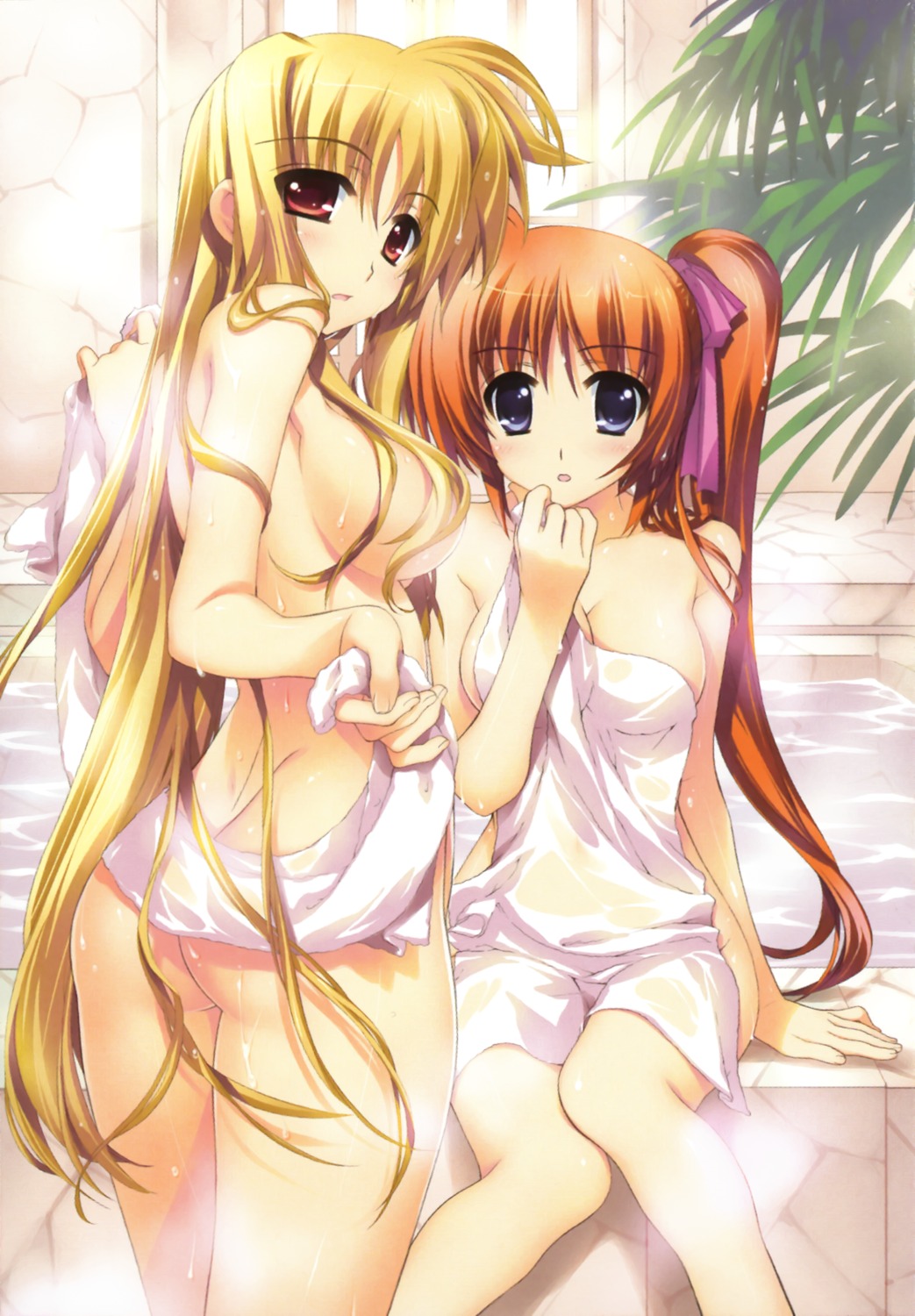 ass bathing cleavage fate_testarossa fujima_takuya mahou_shoujo_lyrical_nanoha mahou_shoujo_lyrical_nanoha_vivid naked see_through takamachi_nanoha towel wet