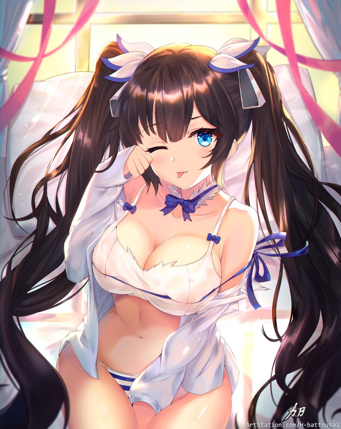 bra dungeon_ni_deai_wo_motomeru_no_wa_machigatteiru_darou_ka hestia_(danmachi) hitokiri_battousai nipples open_shirt pantsu see_through shimapan wet_clothes