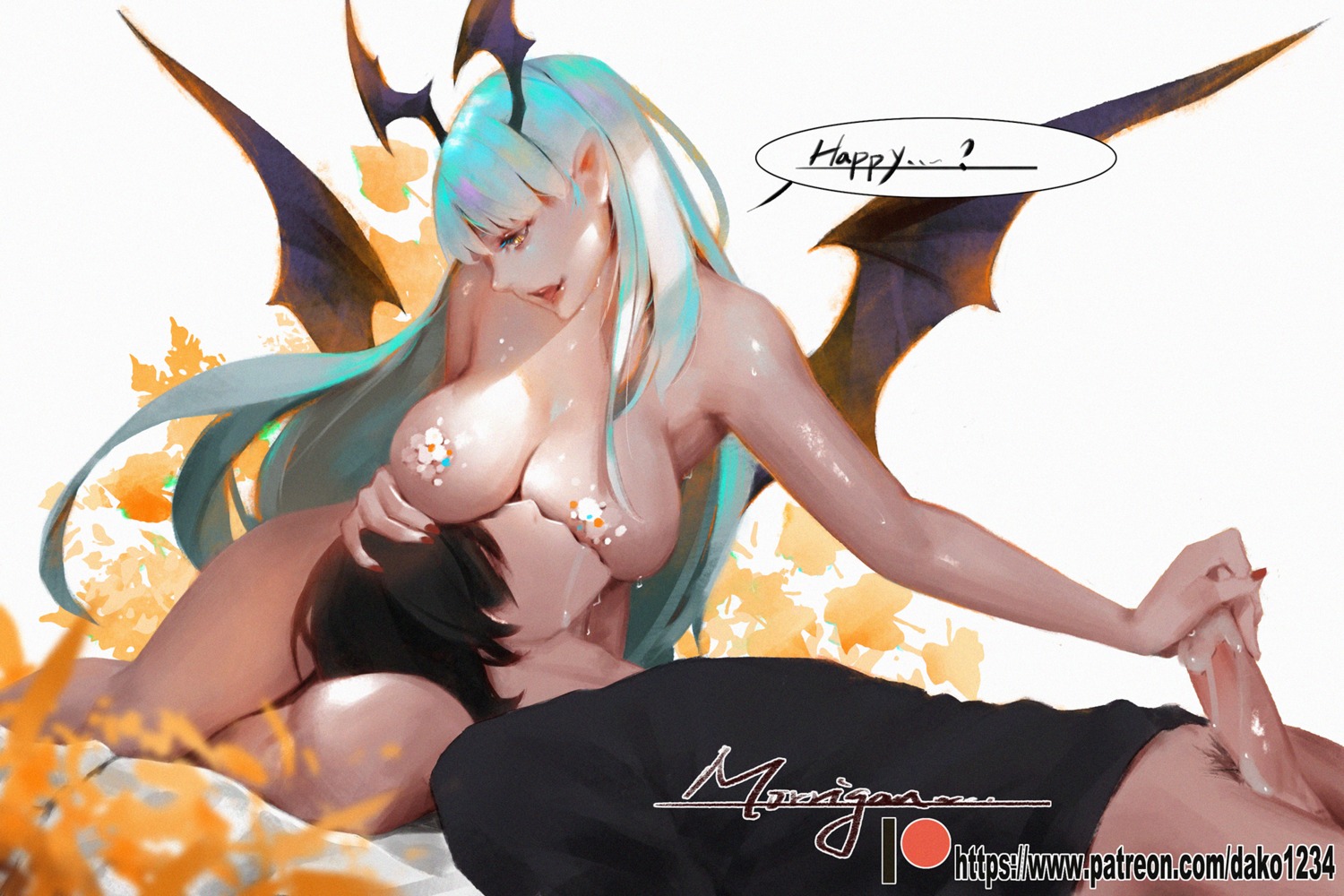 areola cum dark_stalkers handjob hu_dako lactation morrigan_aensland naked pasties penis pointy_ears uncensored wings