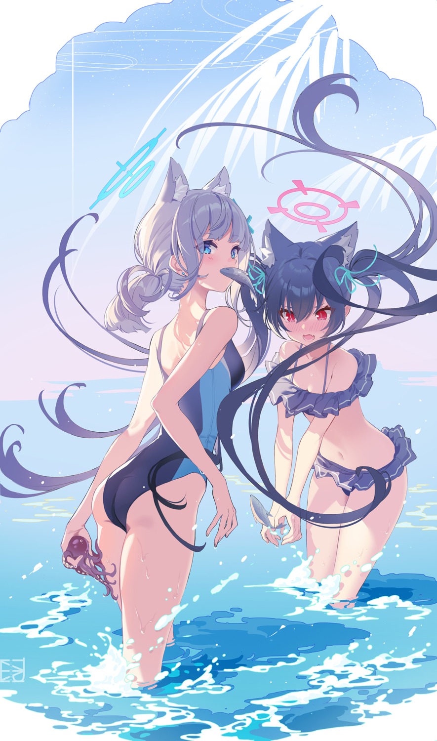 animal_ears ass bikini blue_archive halo kuromi_serika majiang nekomimi sunaookami_shiroko swimsuits wet