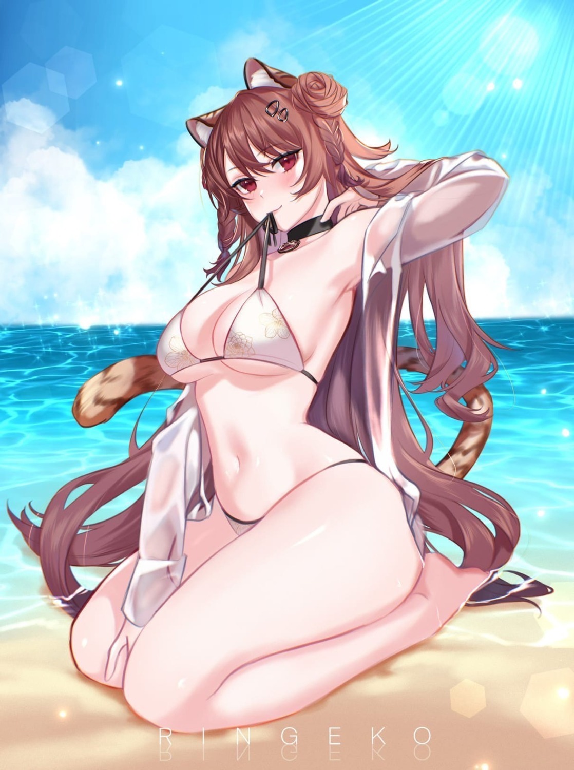 animal_ears bikini_top nekomimi ringeko-chan see_through swimsuits tail wet wet_clothes