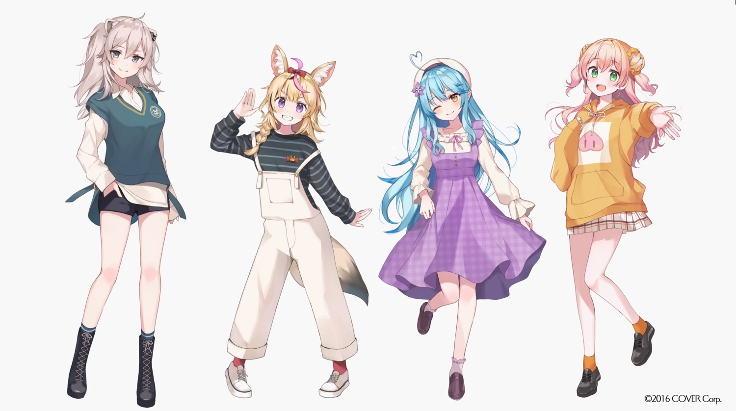 animal_ears dress dress_shirt elf hololive kitsune momosuzu_nene omaru_polka overalls pointy_ears shishiro_botan sweater tail yukihana_lamy yushima