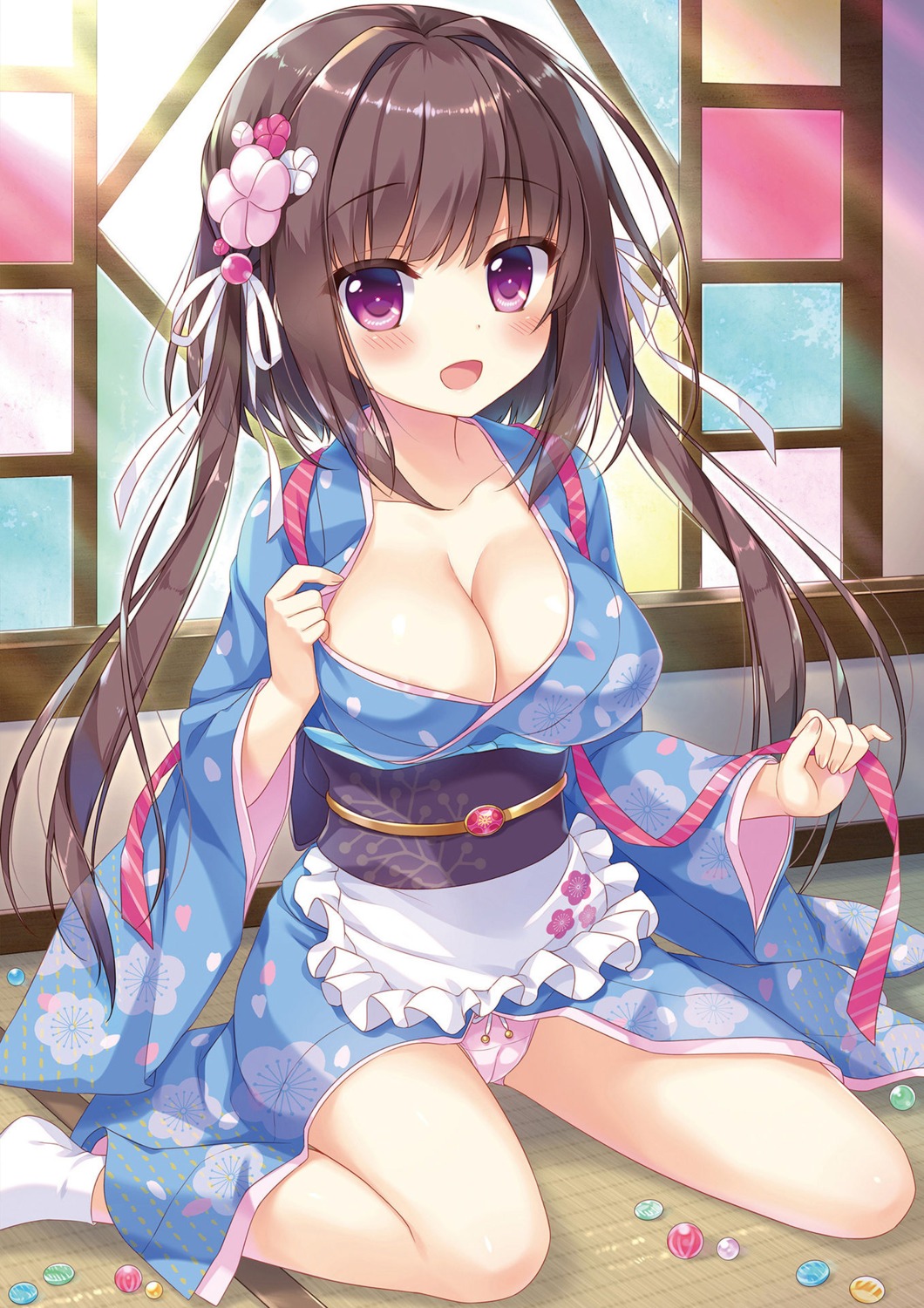 ameto_yuki cameltoe cleavage japanese_clothes no_bra pantsu