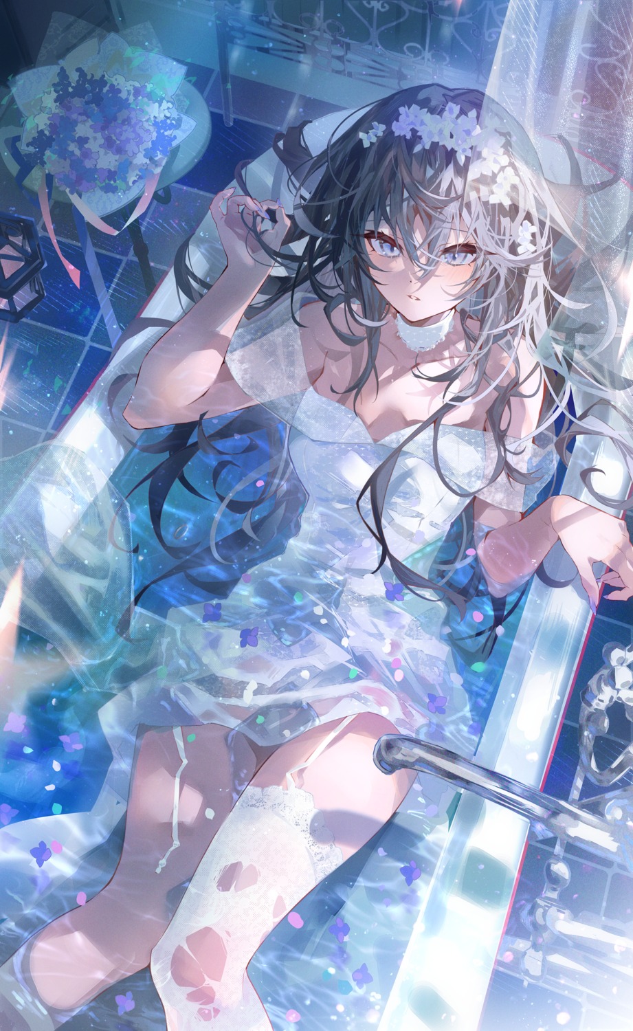 arutera bathing dress garter_belt see_through stockings thighhighs torn_clothes wedding_dress wet wet_clothes