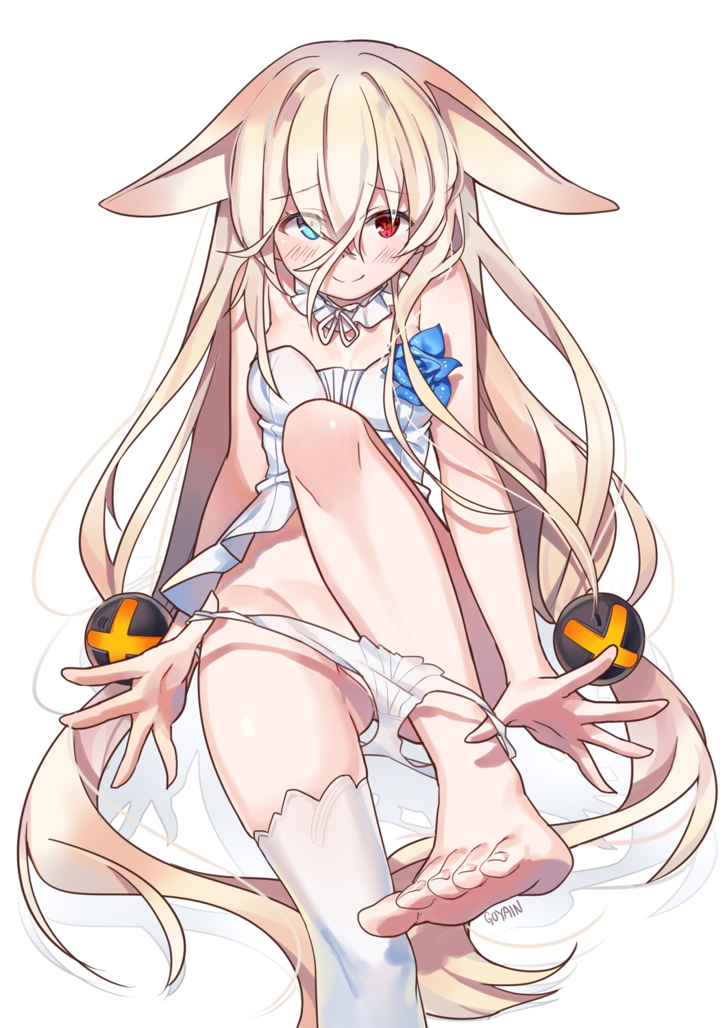 animal_ears cleavage feet g41_(girls_frontline) girls_frontline goyain heterochromia loli pantsu panty_pull thighhighs undressing