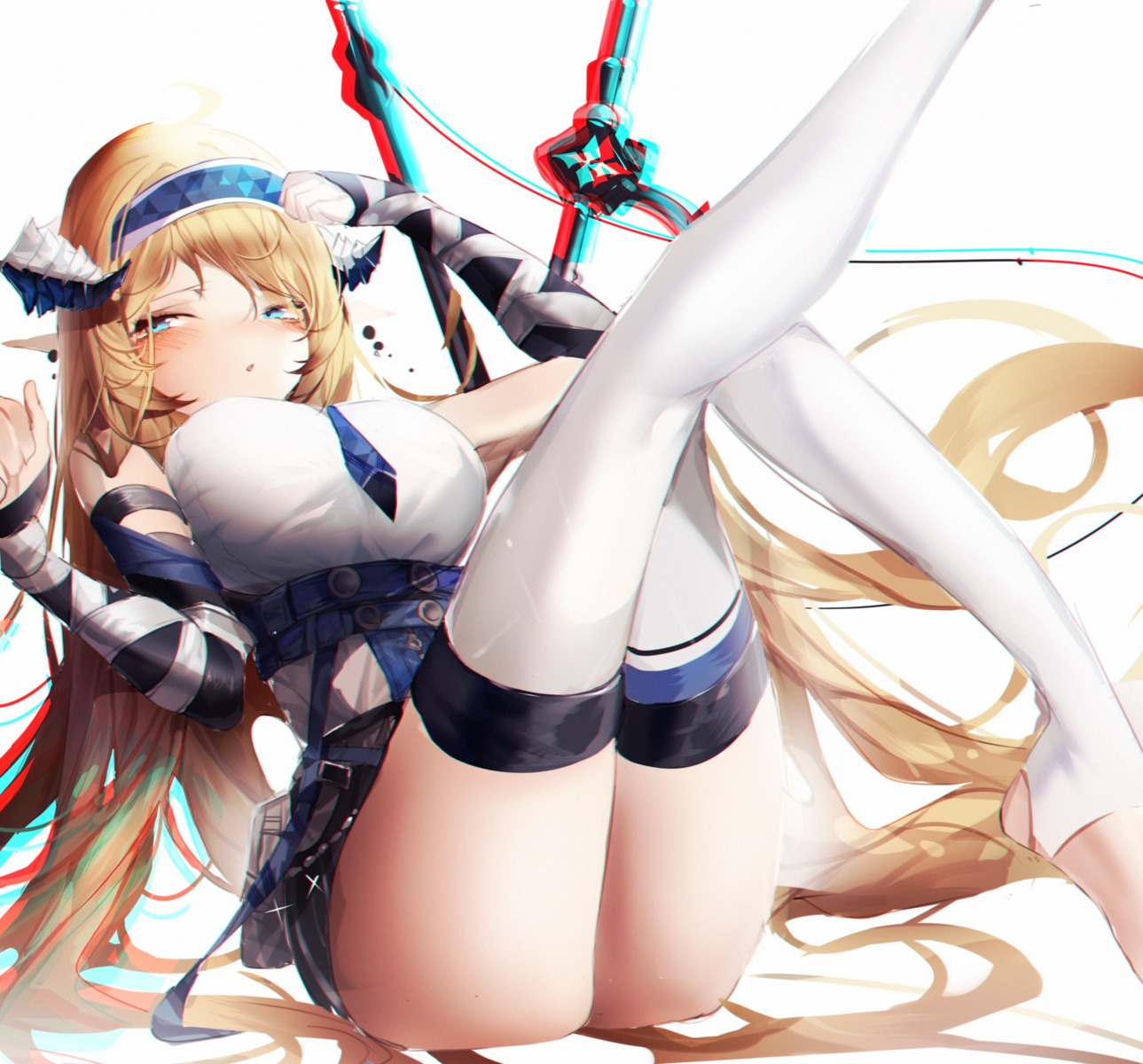 arknights horns pointy_ears saileach_(arknights) skirt_lift thighhighs xiongshouji