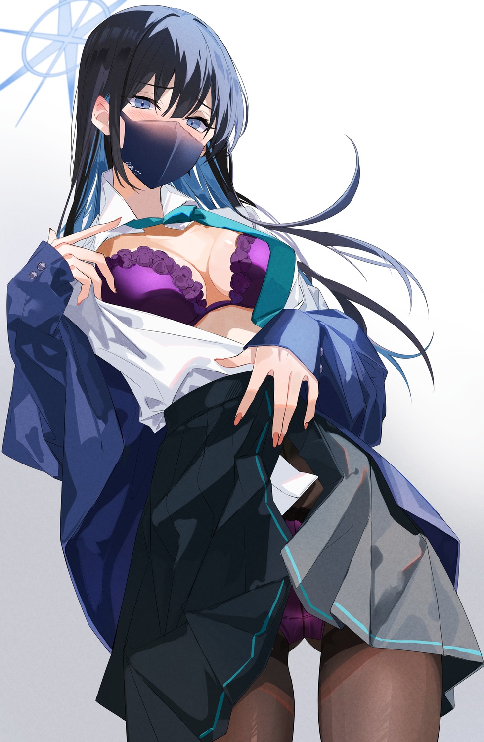 blue_archive bra conconcon1031 halo joumae_saori open_shirt pantsu pantyhose seifuku skirt_lift undressing