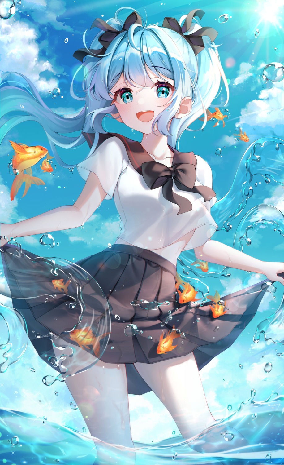 bottle_miku hatsune_miku hyeya seifuku skirt_lift vocaloid wet