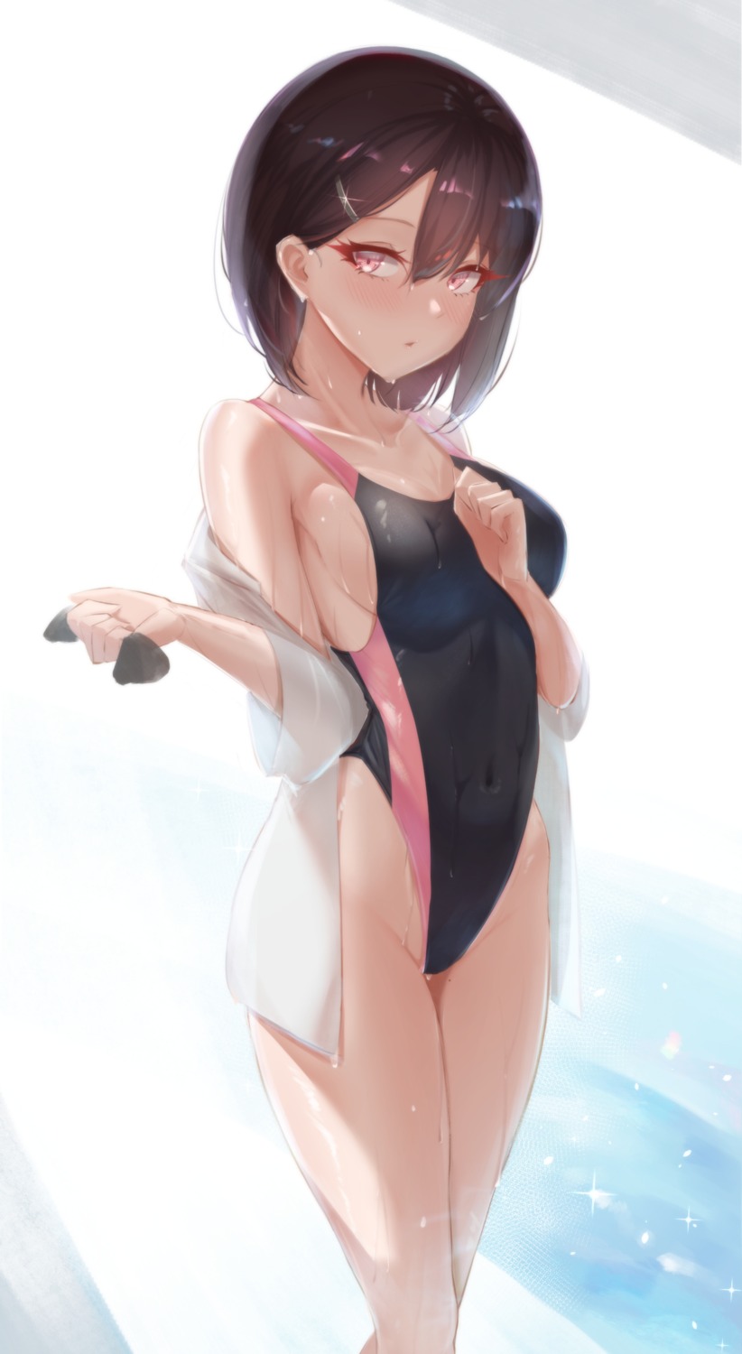 breast_hold can_zhu swimsuits wet