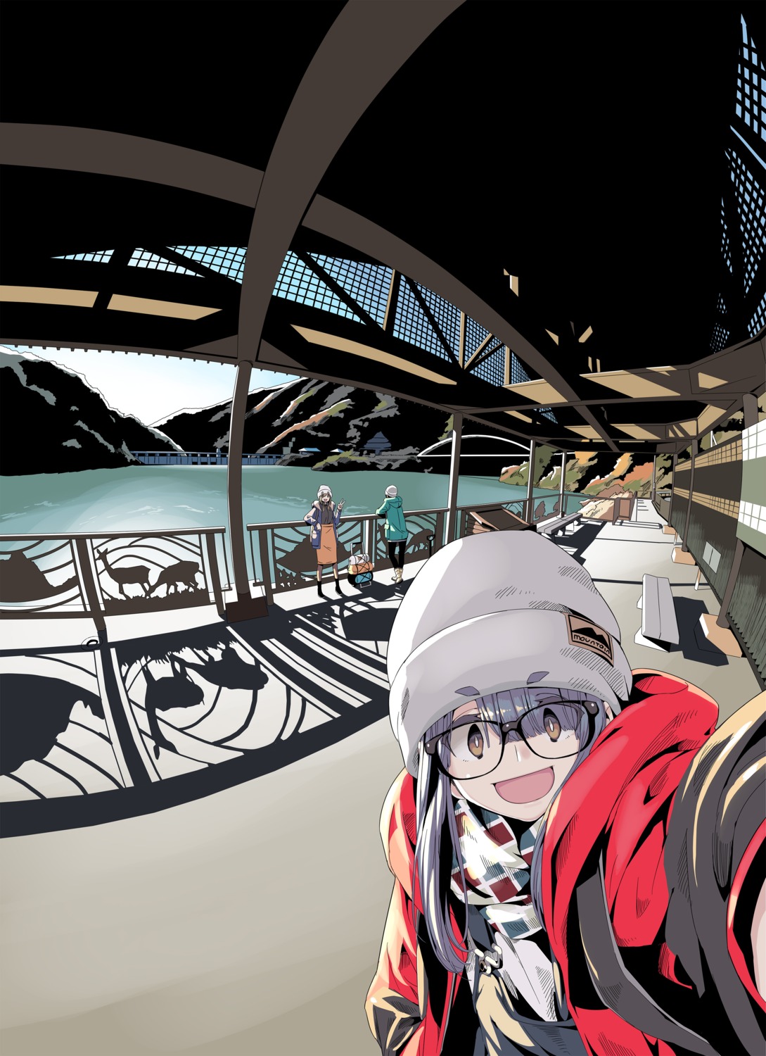 afro inuyama_aoi landscape megane oogaki_chiaki saitou_ena selfie yurucamp