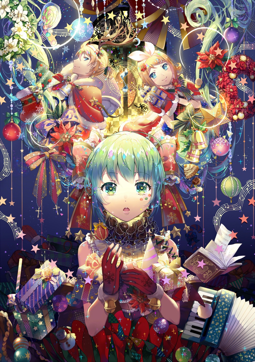 christmas ekita_xuan hatsune_miku horns kagamine_len kagamine_rin vocaloid