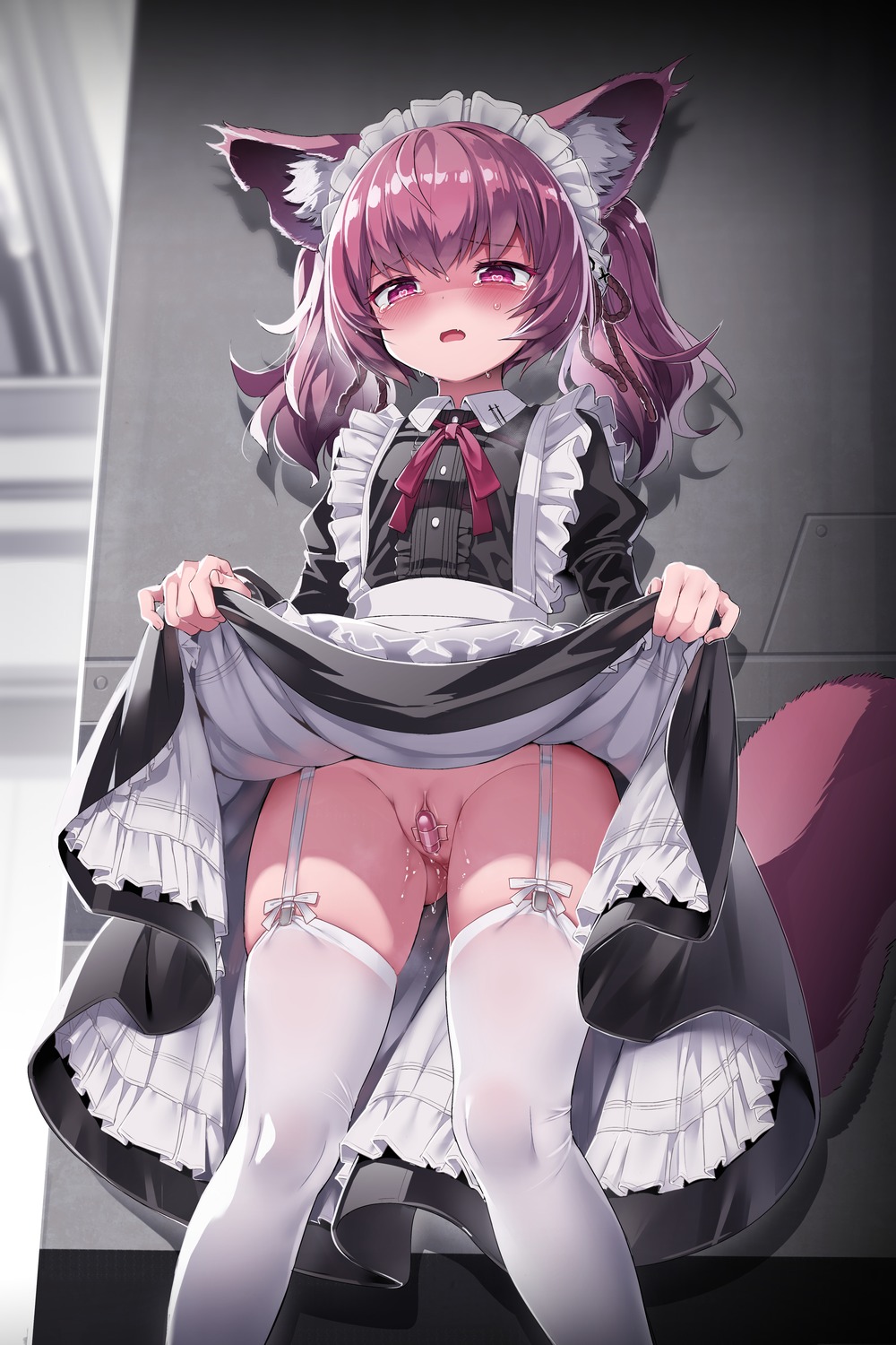 animal_ears arknights kataokasan maid nopan pussy pussy_juice shamare_(arknights) skirt_lift stockings tail thighhighs uncensored vibrator