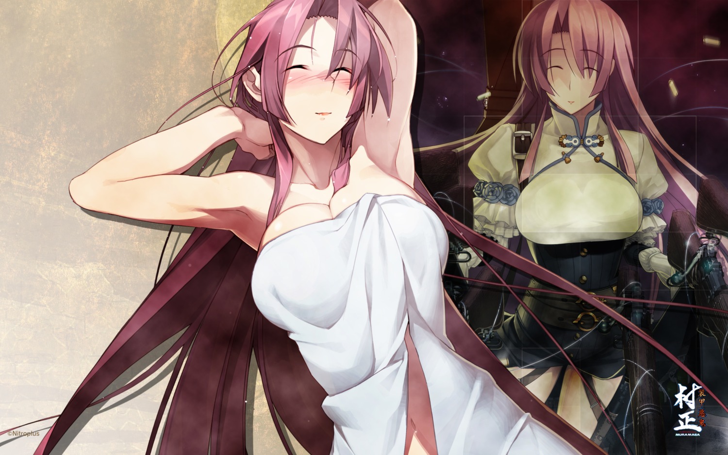 cleavage dress full_metal_daemon_muramasa namaniku_atk nitroplus ootori_kanae towel wallpaper wet