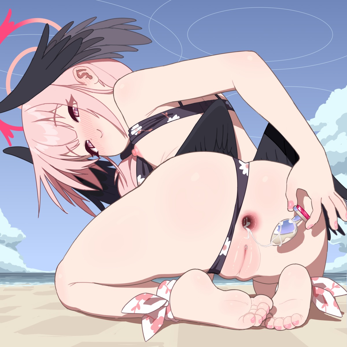 anal_beads anus ass bikini blue_archive breasts cromachina cum feet halo loli nipples panty_pull pussy shimoe_koharu swimsuits thong uncensored wings