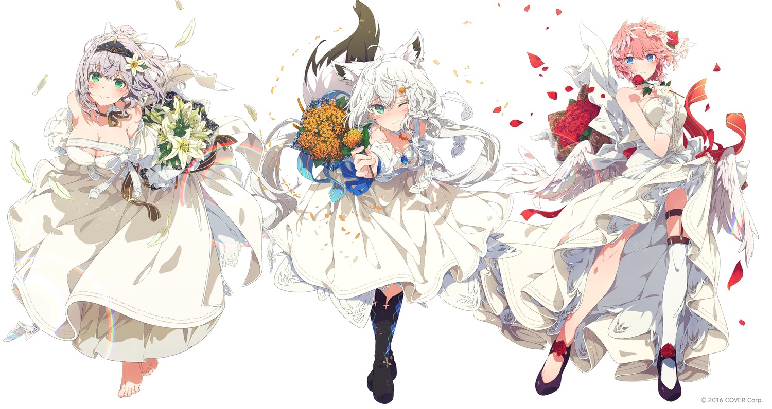 animal_ears dress garter hololive hololive_gamers kitsune no_bra ogipote shirakami_fubuki shirogane_noel skirt_lift stockings tail takane_lui thighhighs wedding_dress wings