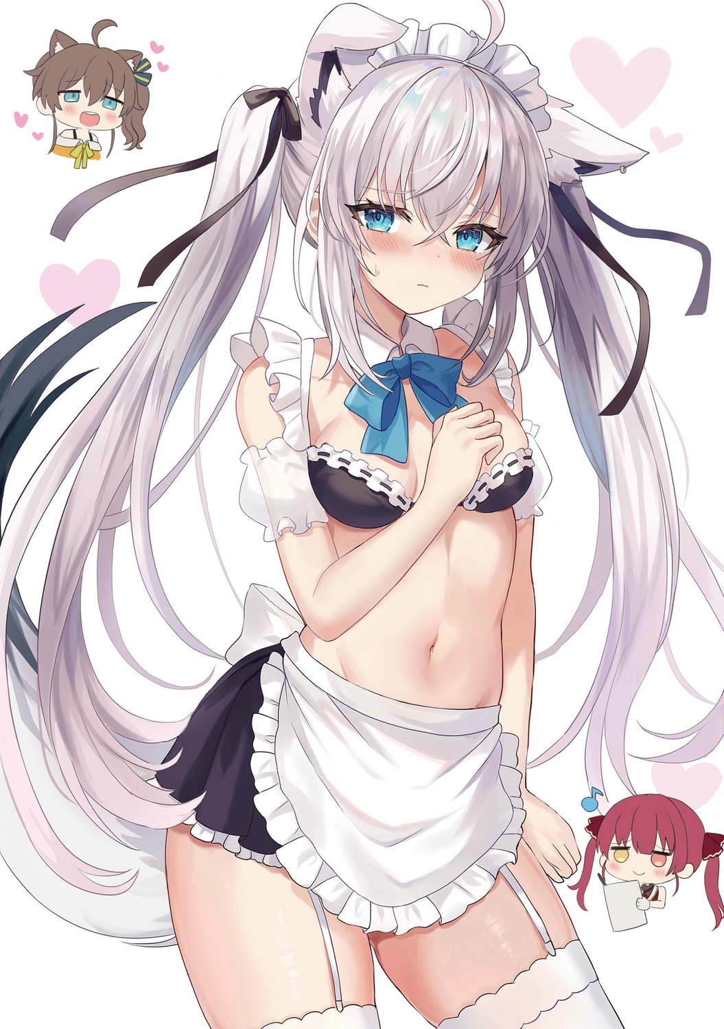 animal_ears bra chibi heterochromia hololive hololive_gamers houshou_marine kitsune maid natsuiro_matsuri retsuto shirakami_fubuki stockings tail thighhighs