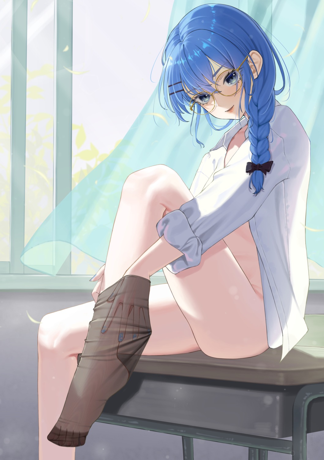 bangom_r bottomless dress_shirt feet hololive hoshimachi_suisei megane open_shirt undressing