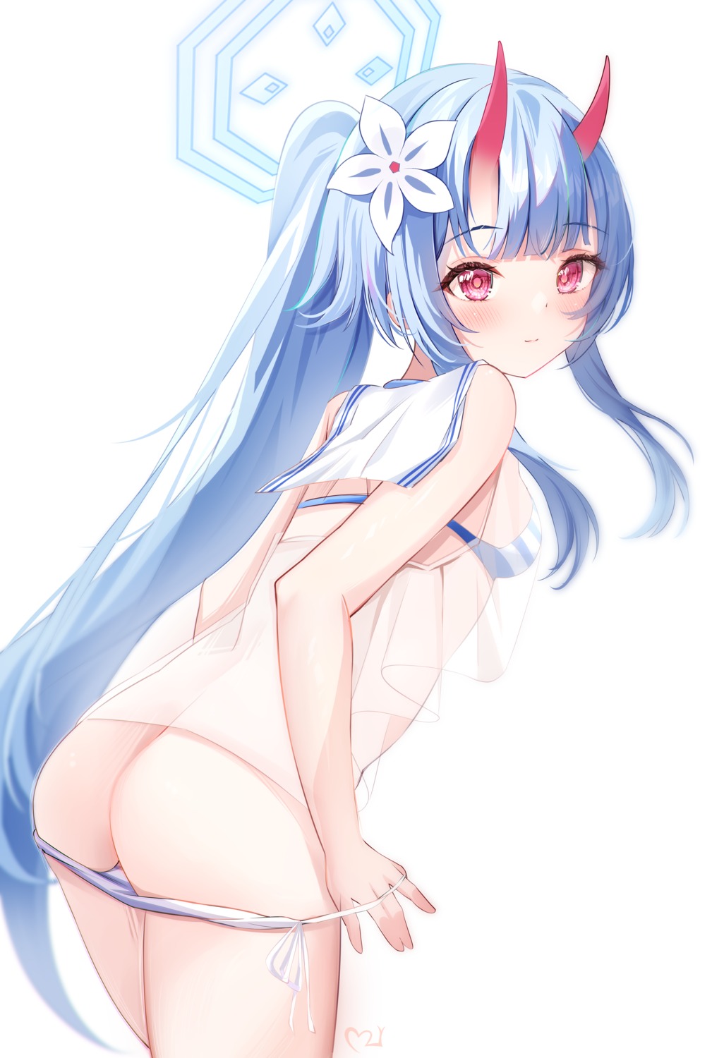 ass bikini blue_archive halo horns loli panty_pull see_through swimsuits teeth_bro undressing waraku_chise