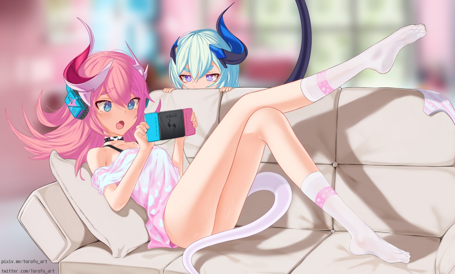 benghuai_xueyuan bottomless feet headphones honkai_impact horns liliya_olenyeva rozaliya_olenyeva tail torofu