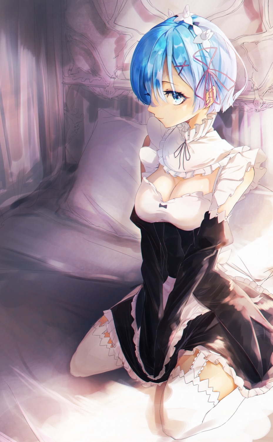 cleavage maid matsunaga777 re_zero_kara_hajimeru_isekai_seikatsu rem_(re_zero) stockings thighhighs