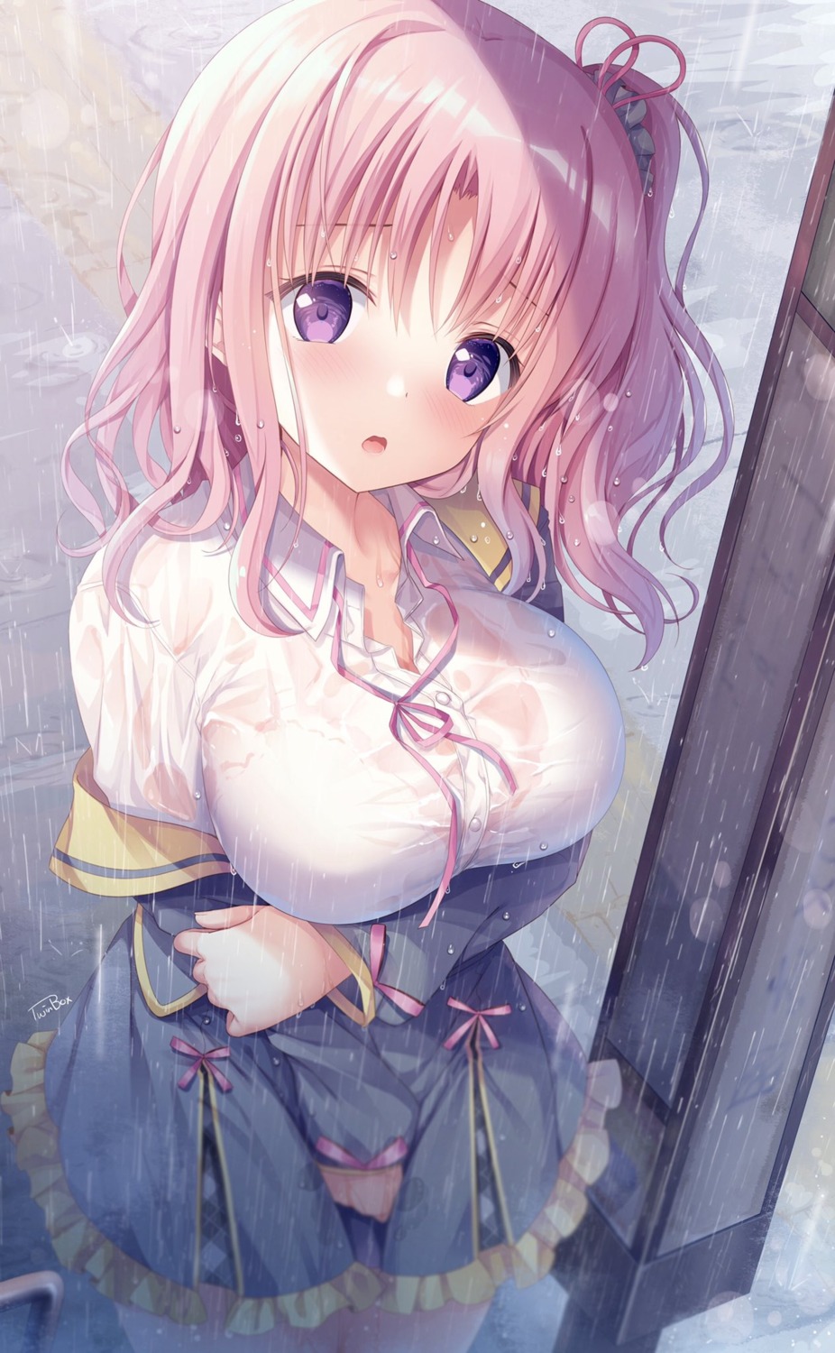 bra breast_hold izumi_kaori_(twinbox) see_through seifuku twinbox twinbox_school wet wet_clothes