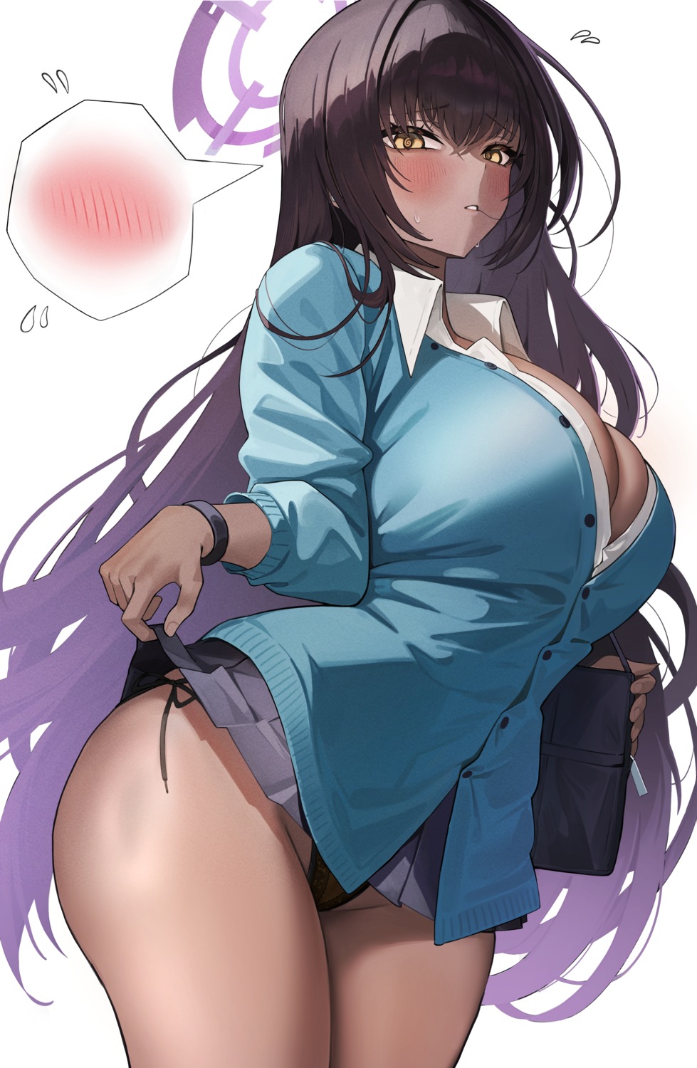 blue_archive halo kakudate_karin open_shirt pantsu seifuku shio05_(05_sio) skirt_lift string_panties sweater thong