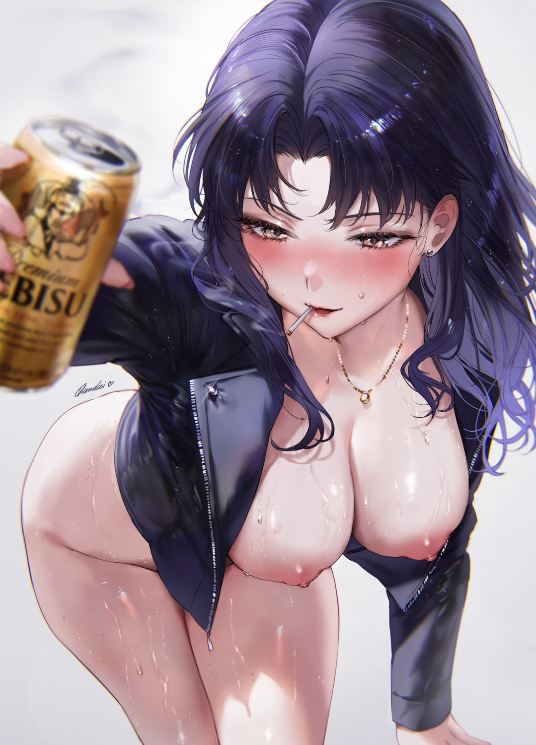 bottomless breasts katsuragi_misato neon_genesis_evangelion nipples no_bra open_shirt qiandaiyiyu smoking wet