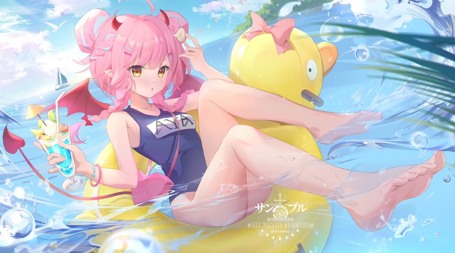 devil feet horns pointy_ears sample school_swimsuit somna swimsuits tail watermark wet wings