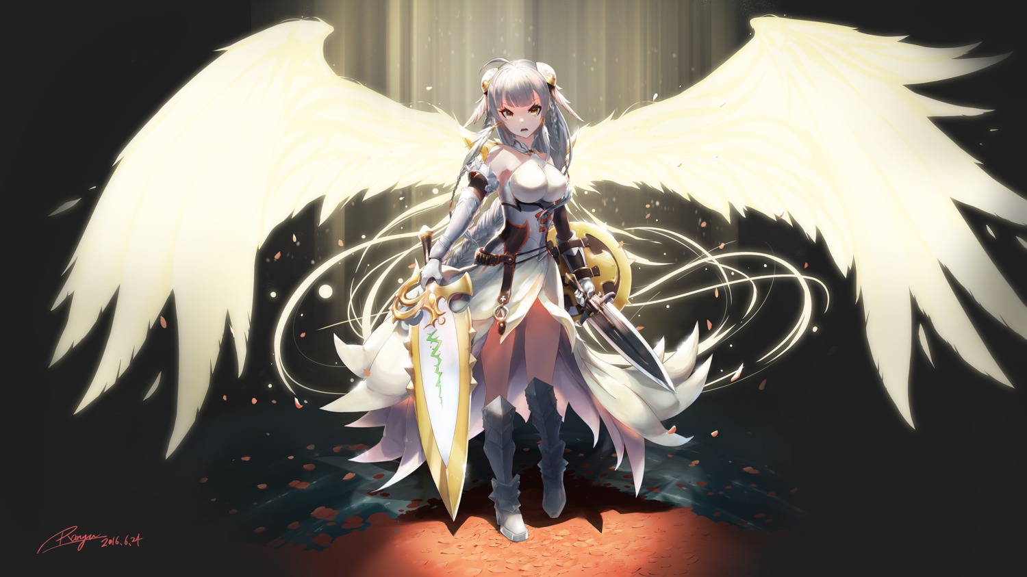 armor heels puzzle_&_dragons ranyu_kuro sword valkyrie_(p&d) wings