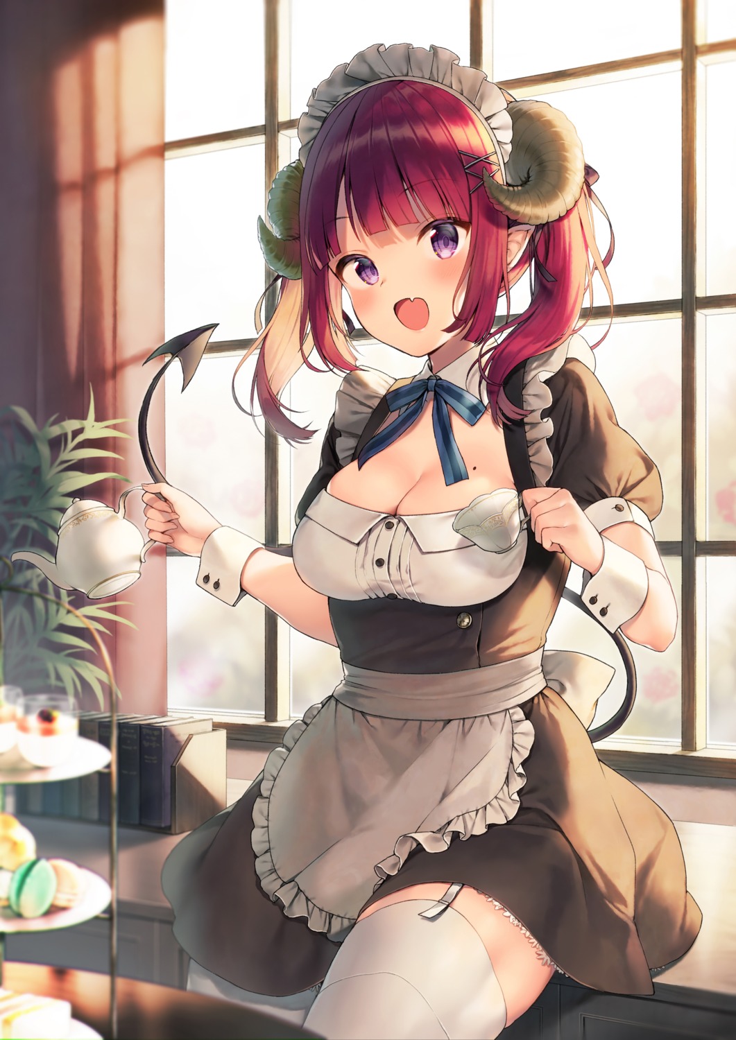 horns maid midorikawa_you pointy_ears stockings tail thighhighs