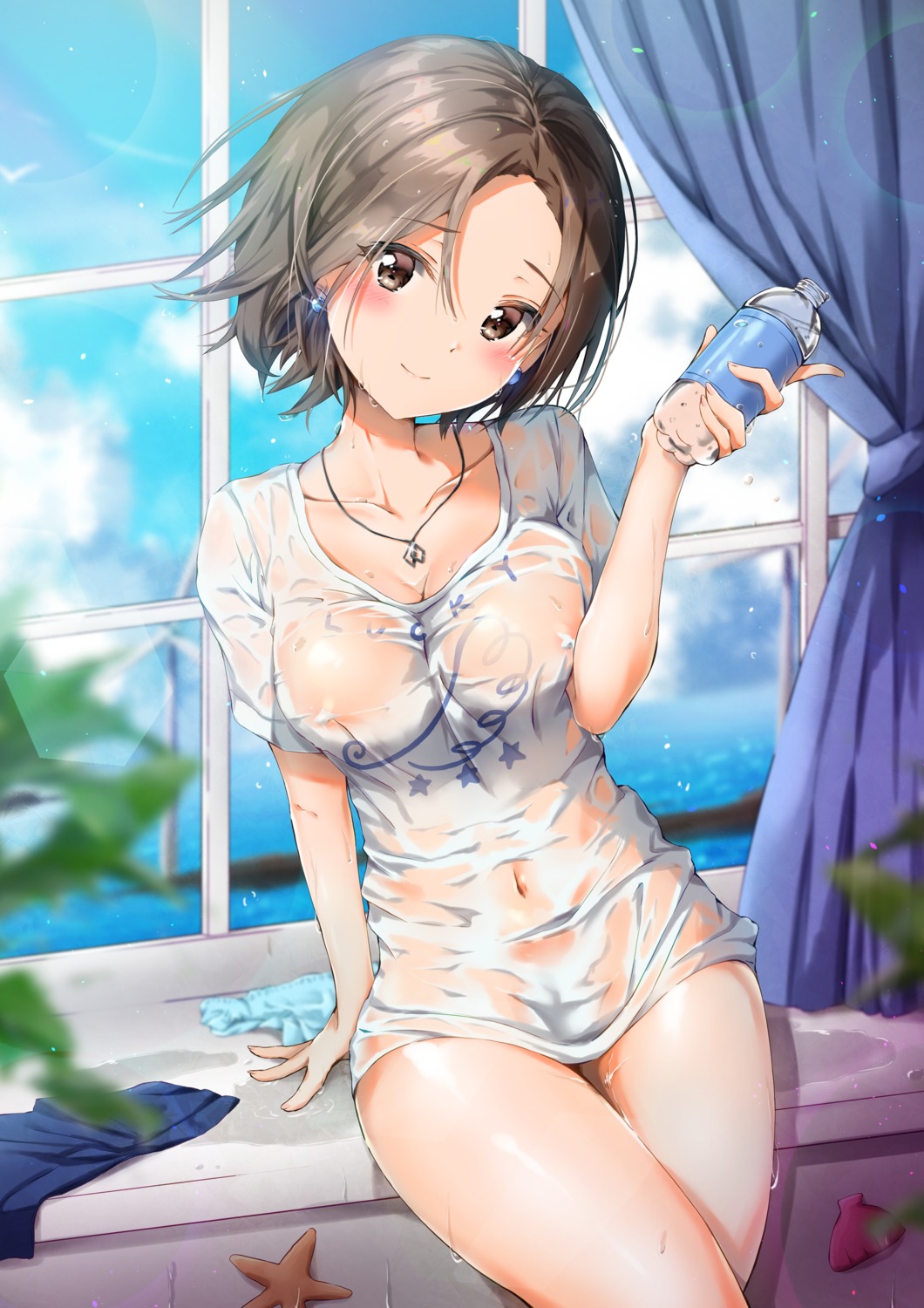 bottomless breast_hold kuria_(clear_trip_second) mizuki_seira no_bra see_through the_idolm@ster the_idolm@ster_cinderella_girls wet wet_clothes