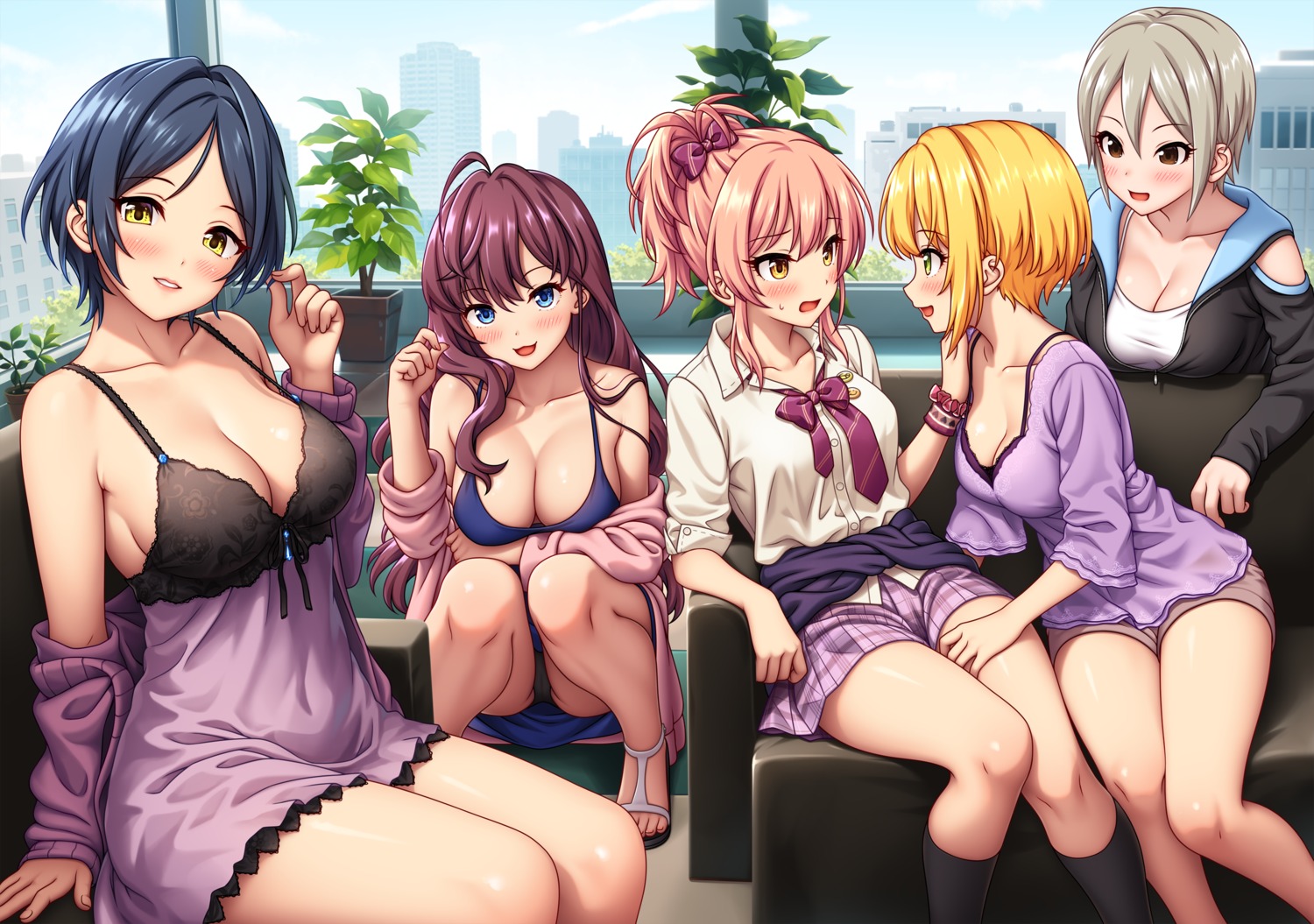 cameltoe cleavage hayami_kanade ichinose_shiki jougasaki_mika lingerie miyamoto_frederica nazu-na no_bra open_shirt pantsu seifuku shiomi_shuuko skirt_lift sweater the_idolm@ster the_idolm@ster_cinderella_girls yuri