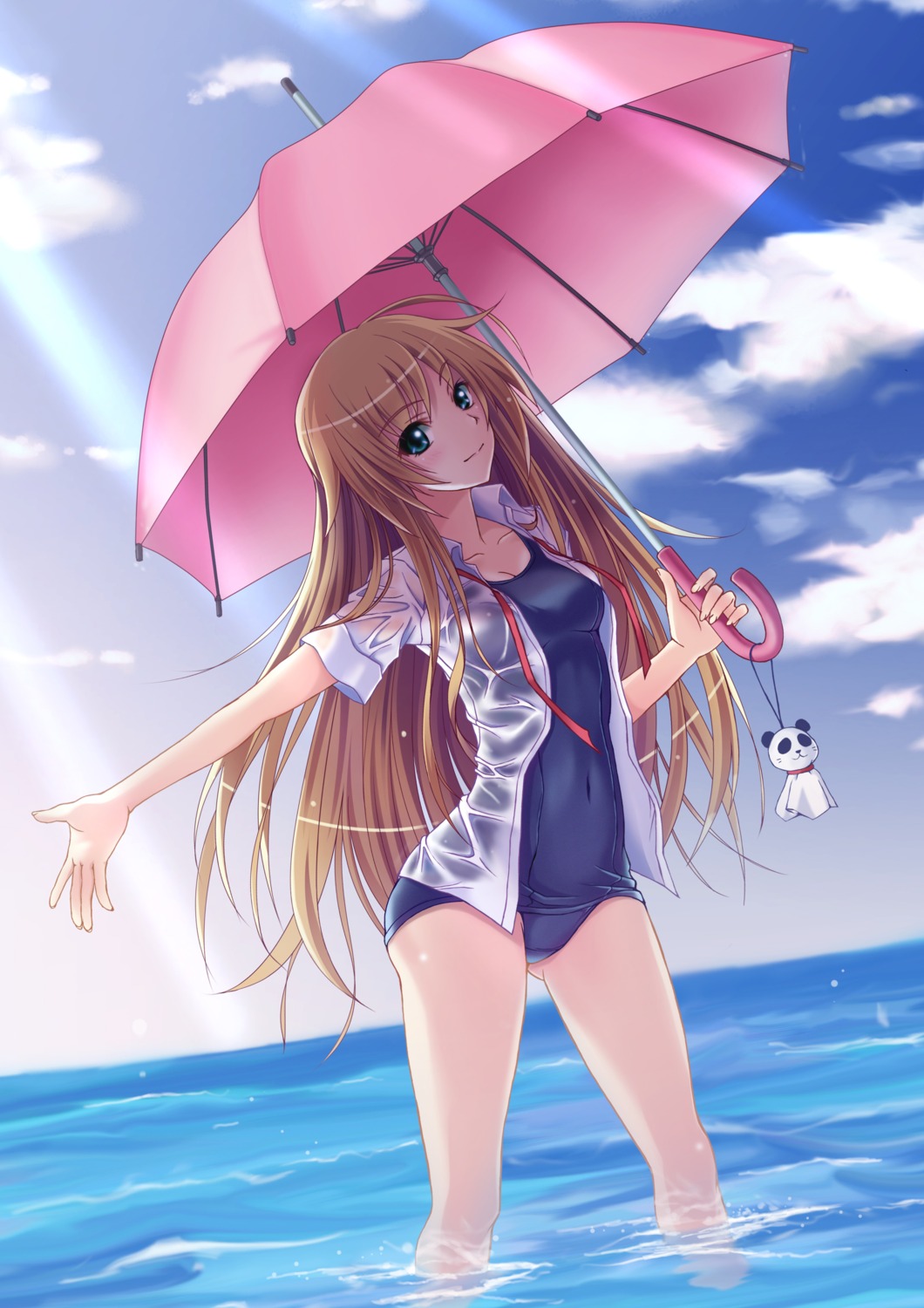 dress_shirt natsuin open_shirt school_swimsuit swimsuits wet_clothes