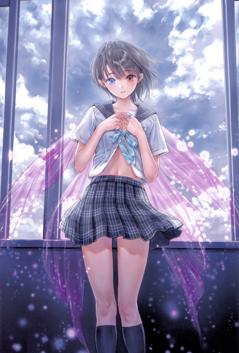 blue_reflection bra breast_hold cleavage heterochromia kishida_mel open_shirt seifuku shirai_hinako