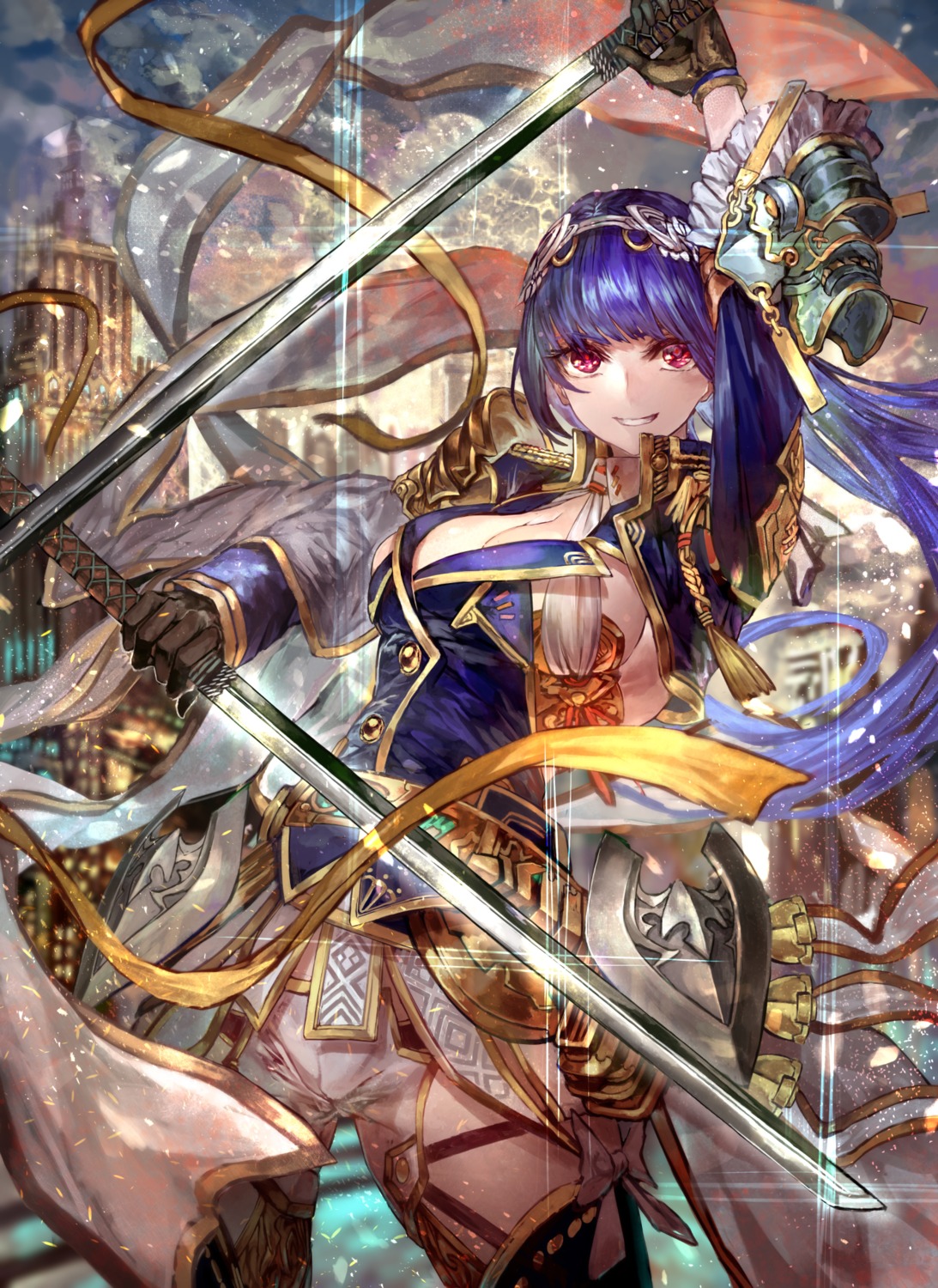 armor cleavage signo_aaa sword thighhighs