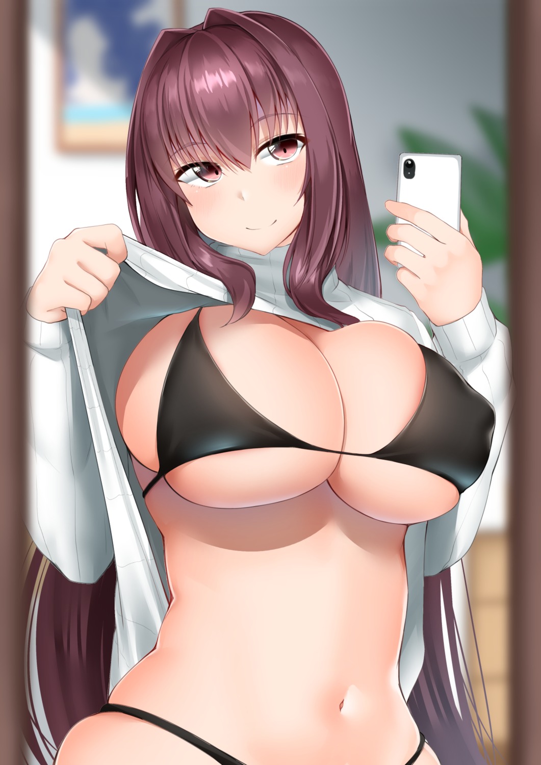 bra erect_nipples fate/grand_order kitajima_yuuki pantsu scathach_(fate/grand_order) shirt_lift sweater undressing