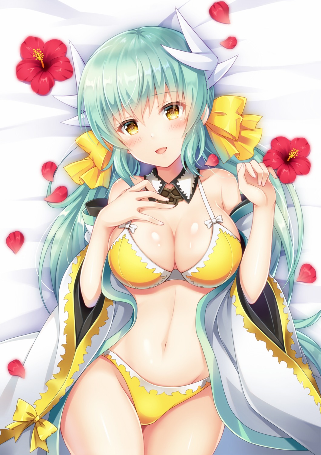 bikini cleavage fate/grand_order horns japanese_clothes kiyohime_(fate/grand_order) open_shirt suzumia_(daydream) swimsuits