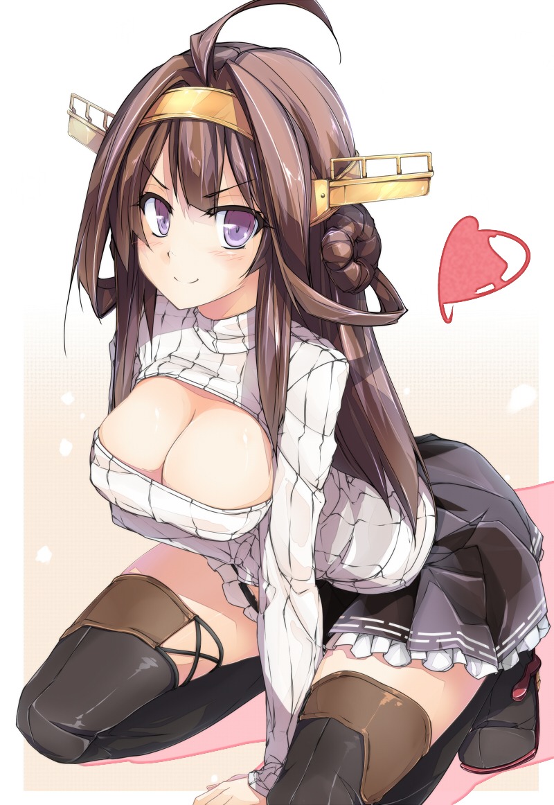 cleavage kantai_collection kongou_(kancolle) shizukyuki sweater thighhighs