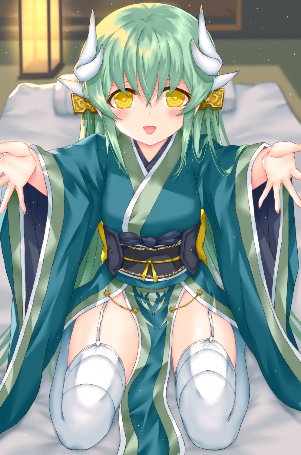 fate/grand_order horns japanese_clothes kiyohime_(fate/grand_order) morizono_shiki stockings thighhighs