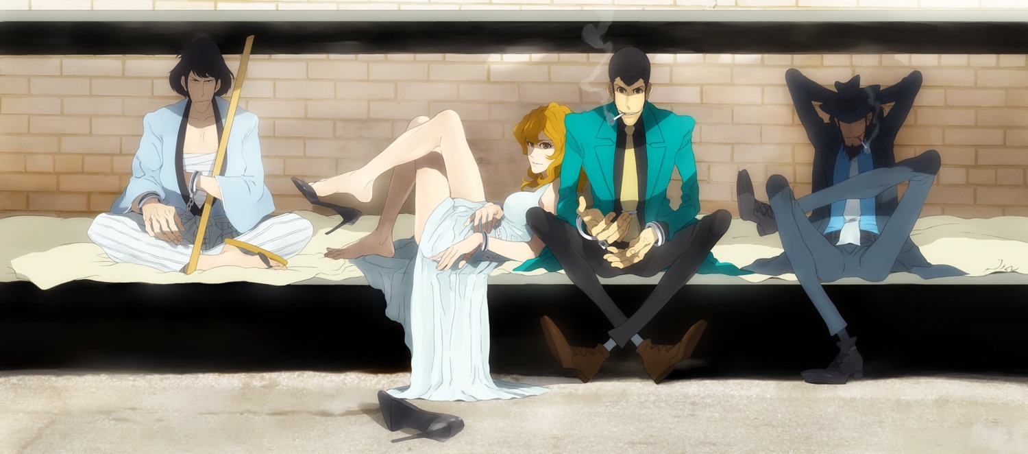 arsene_lupin_iii bondage business_suit dress heels ishikawa_goemon_xiii jigen_daisuke kimono lupin_iii mine_fujiko open_shirt sarashi smoking weapon zz