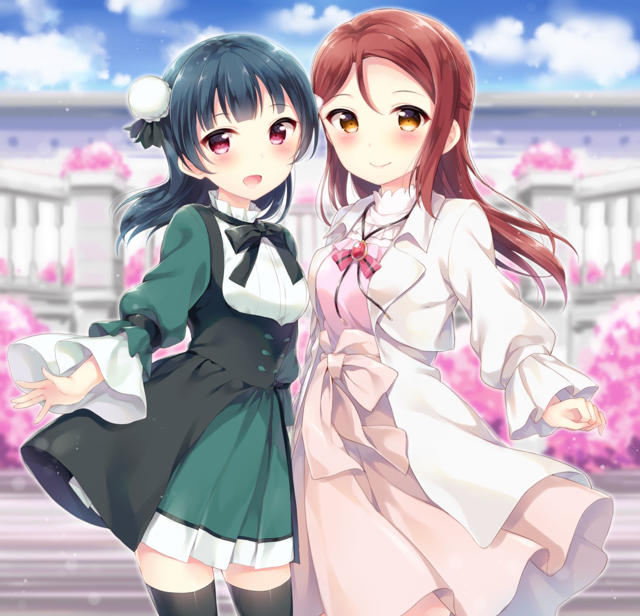 hazuki_(sutasuta) love_live!_sunshine!! sakurauchi_riko thighhighs tsushima_yoshiko