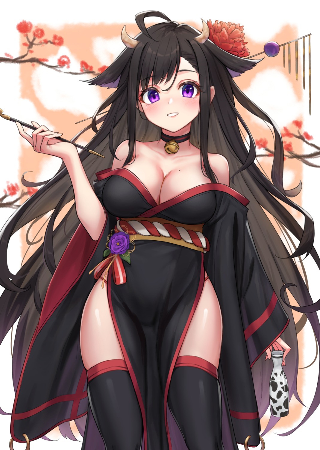 animal_ears gohei_(aoi_yuugure) horns japanese_clothes no_bra open_shirt thighhighs