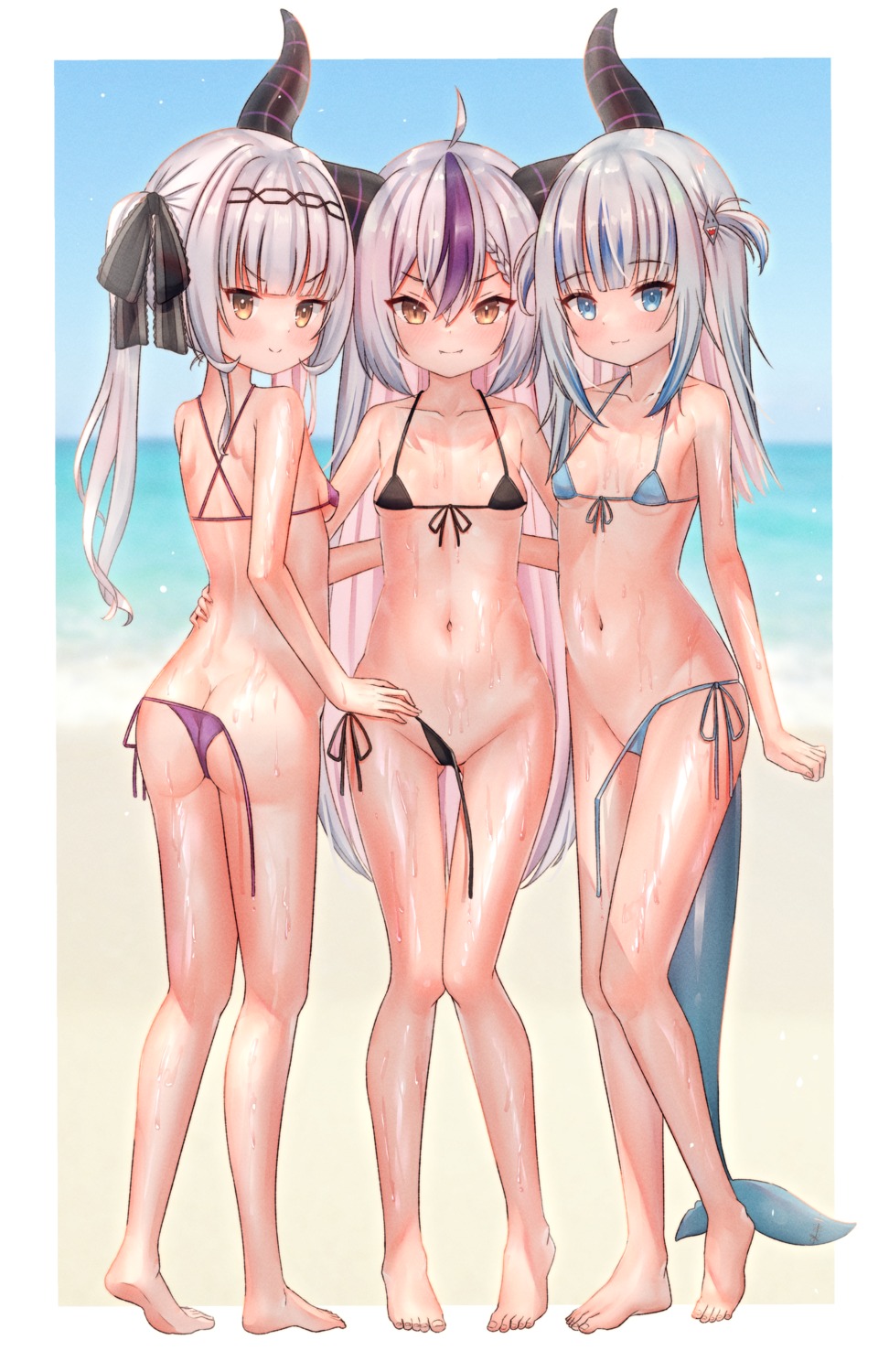 ass bikini gawr_gura hololive hololive_english horns la+_darknesss loli murasaki_shion panty_pull ray_peng swimsuits tail wardrobe_malfunction wet