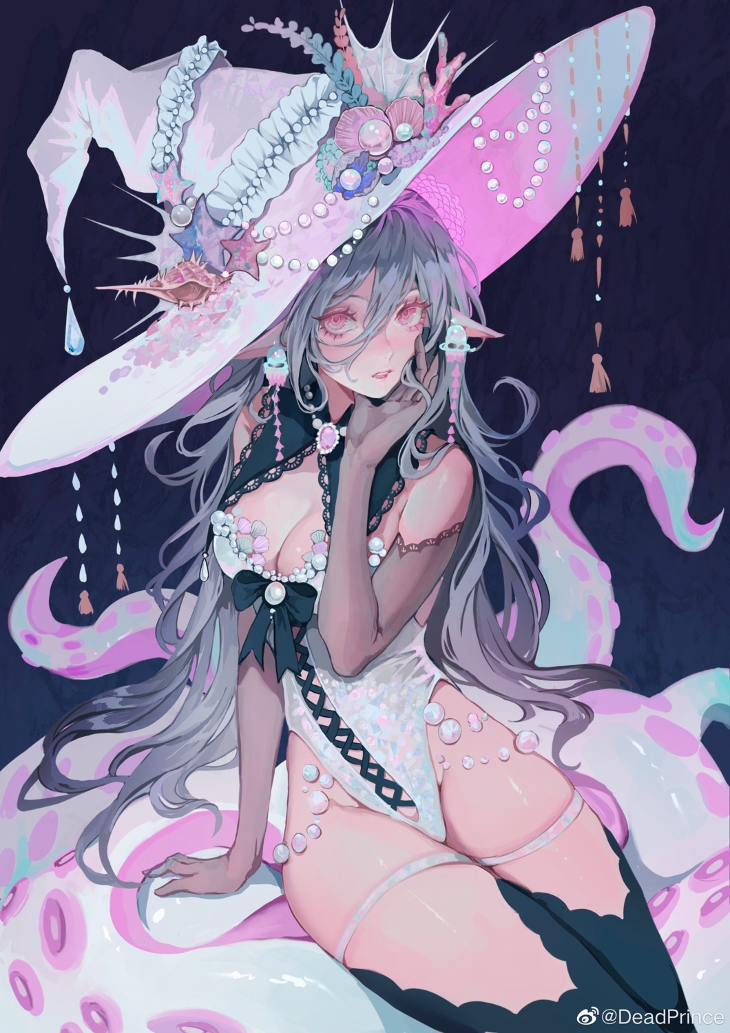 cleavage deadprince garter leotard pointy_ears tentacles thighhighs witch
